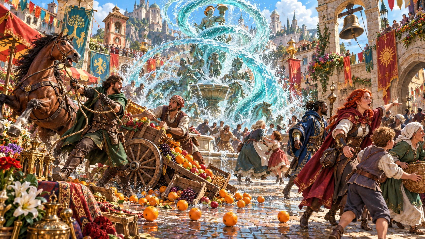 An illustrated fantasy market erupts into an urgent scene as a fountain surges, a horse rears and people react.