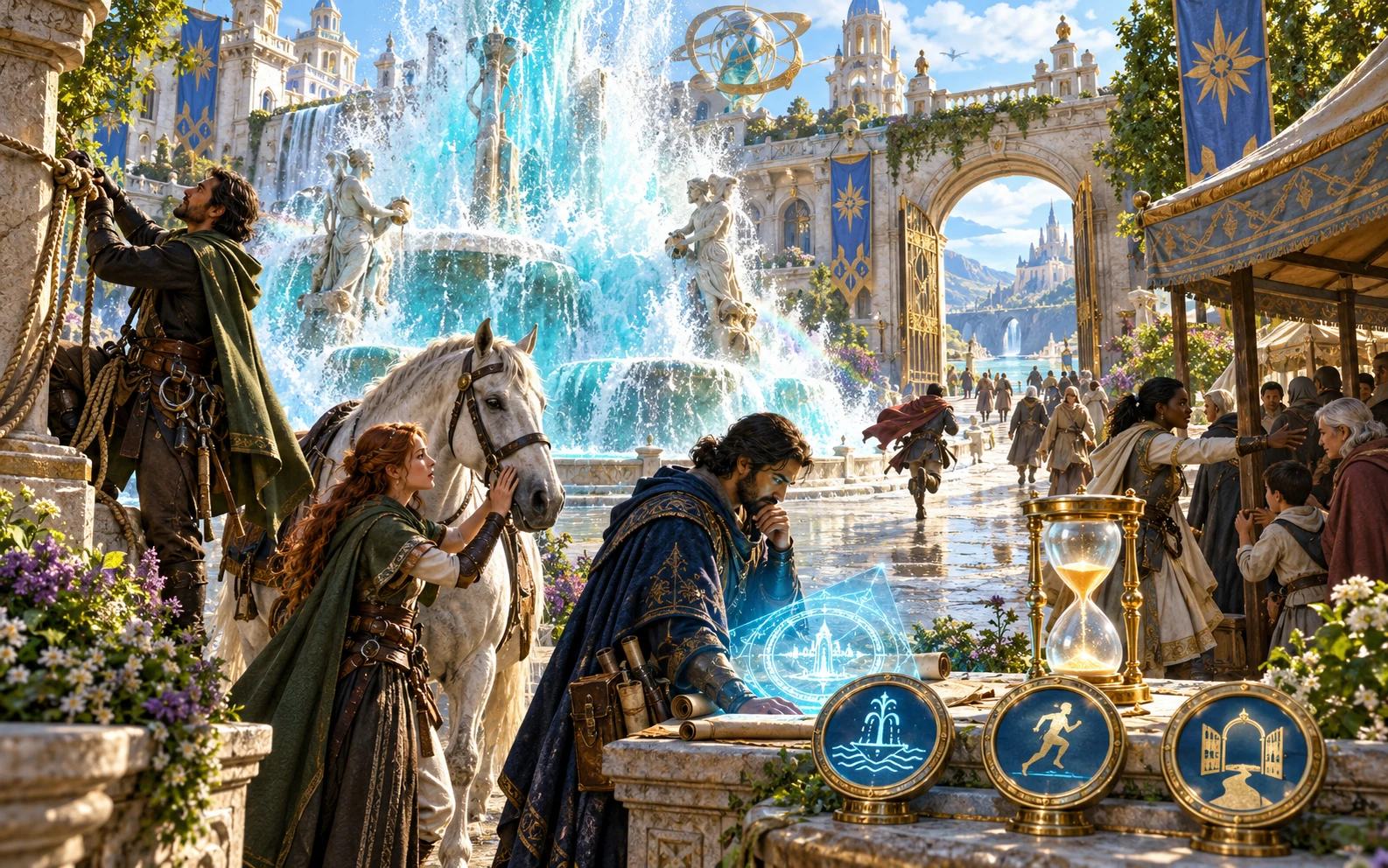 Illustrated companions consider possible responses beside a surging city fountain, an hourglass and open routes.