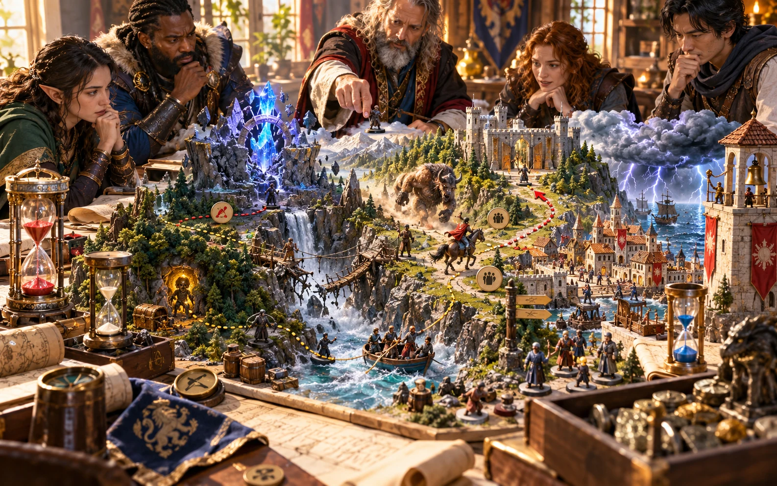 A fantasy game group considers miniature emergencies, branching routes and hourglasses around a tabletop landscape.